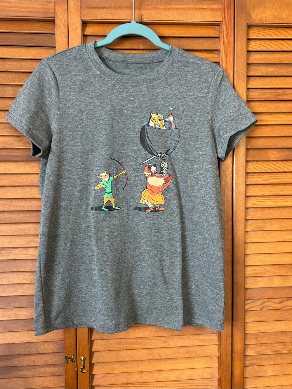 Women’s small Grey Graphic Tee with Colorful Cartoon Print Robin Hood